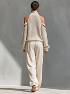 Women’s Beige Knit Cold-Shoulder Two-Piece Set – Turtleneck Top & Wide-Leg Pants Elegant Casual Outfit