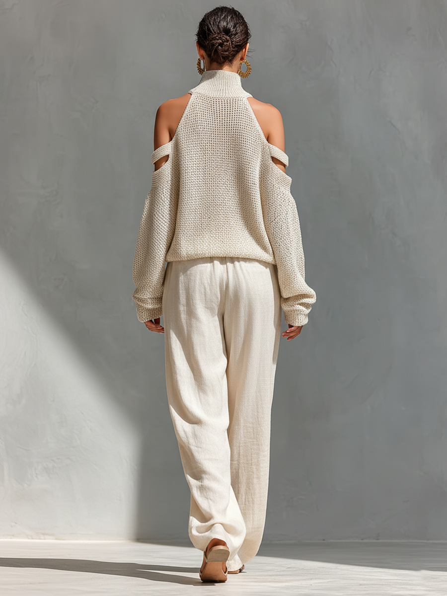 Women’s Beige Knit Cold-Shoulder Two-Piece Set – Turtleneck Top & Wide-Leg Pants Elegant Casual Outfit