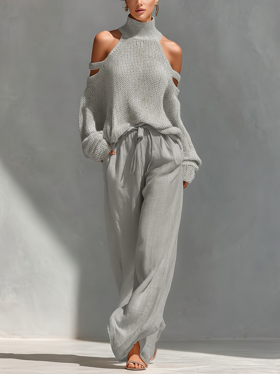 Women’s Beige Knit Cold-Shoulder Two-Piece Set – Turtleneck Top & Wide-Leg Pants Elegant Casual Outfit
