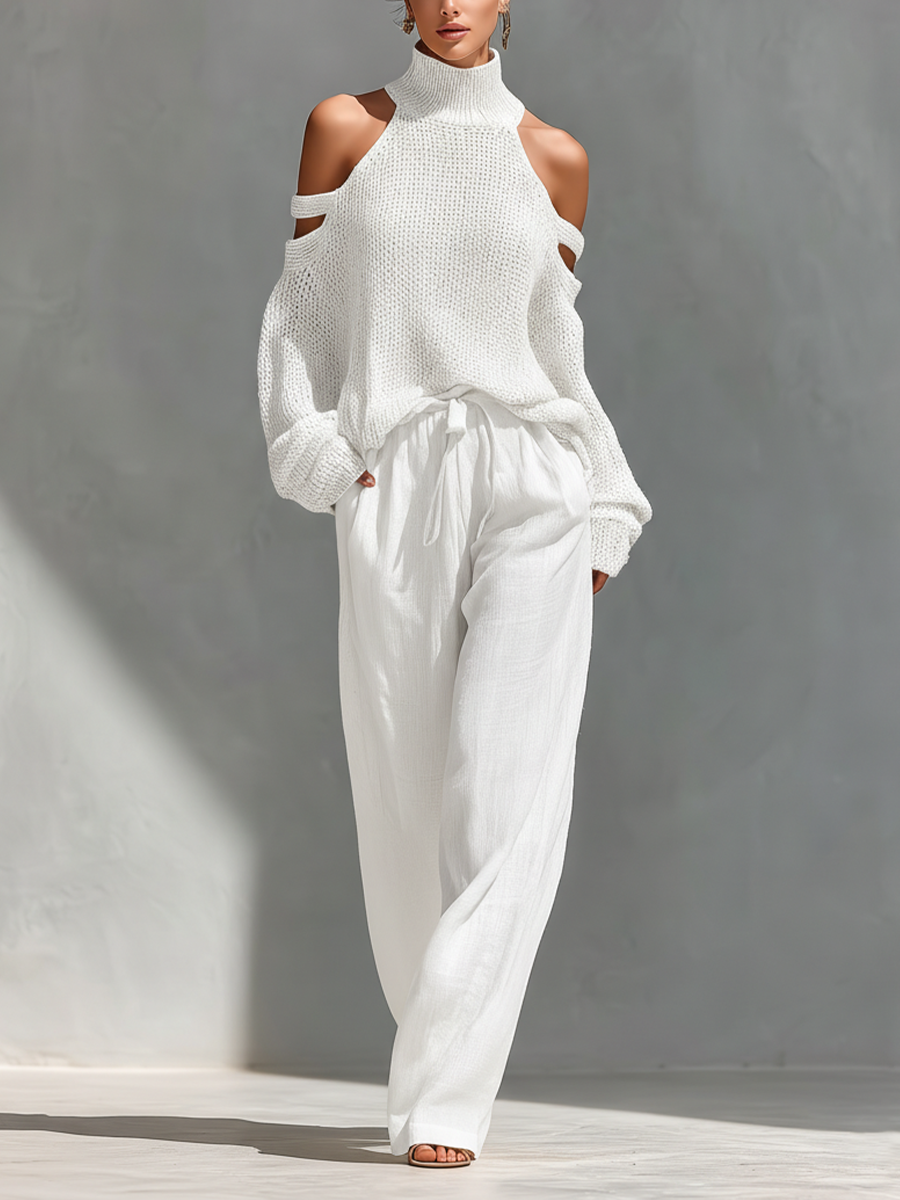 Women’s Beige Knit Cold-Shoulder Two-Piece Set – Turtleneck Top & Wide-Leg Pants Elegant Casual Outfit