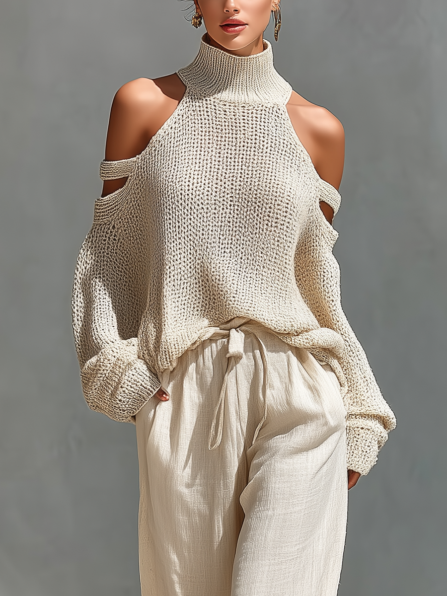 Women’s Beige Knit Cold-Shoulder Two-Piece Set – Turtleneck Top & Wide-Leg Pants Elegant Casual Outfit
