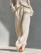 Women’s Beige Knit Cold-Shoulder Two-Piece Set – Turtleneck Top & Wide-Leg Pants Elegant Casual Outfit