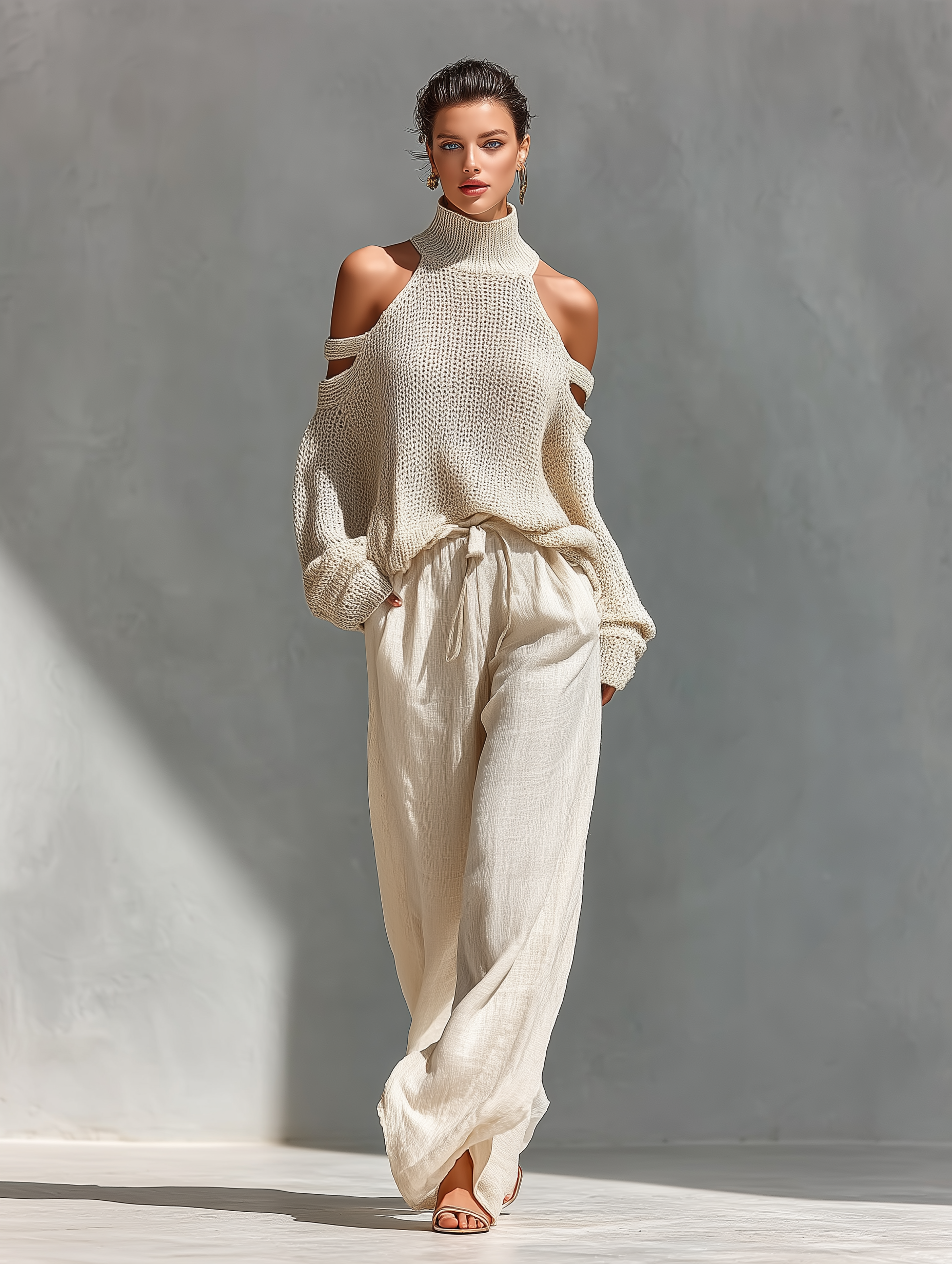 Women’s Beige Knit Cold-Shoulder Two-Piece Set – Turtleneck Top & Wide-Leg Pants Elegant Casual Outfit