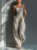 Women’s Beige & White Striped Linen-Blend Jumpsuit – Square Neck Wide-Leg Resort Outfit