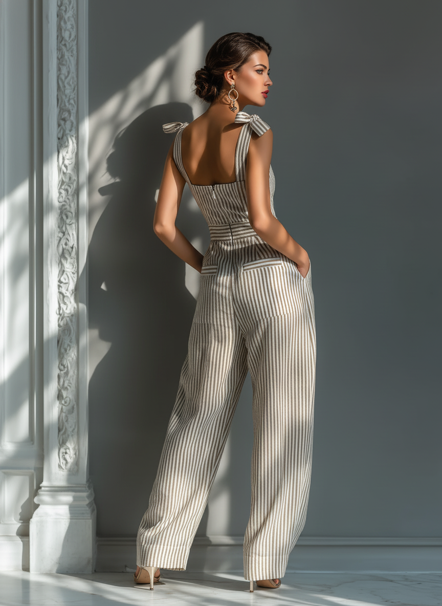 Women’s Beige & White Striped Linen-Blend Jumpsuit – Square Neck Wide-Leg Resort Outfit