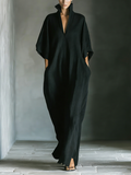 Eclipse Deep-V Kaftan Maxi Dress Black Oversized Cocoon Linen Dress