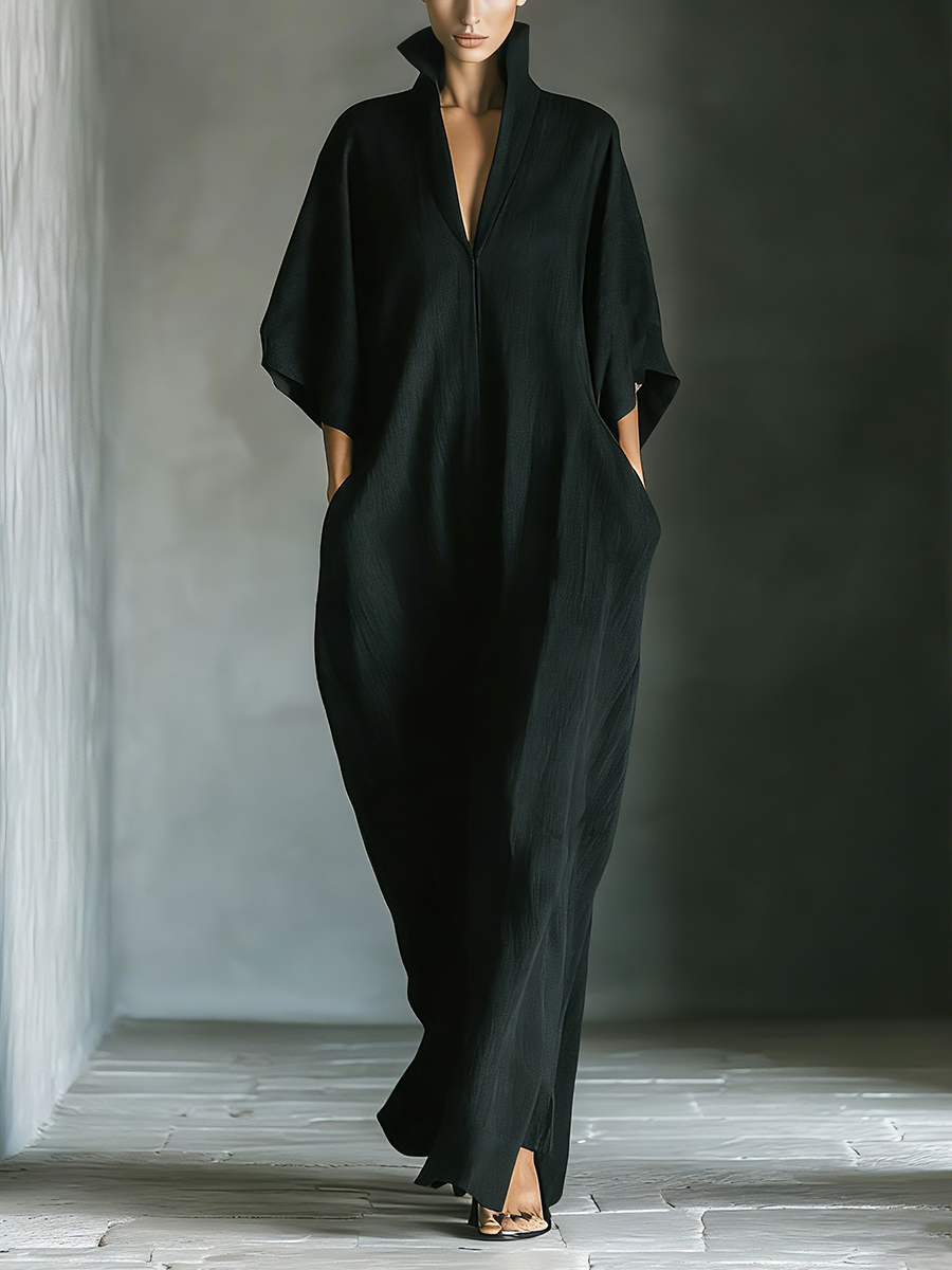 Eclipse Deep-V Kaftan Maxi Dress Black Oversized Cocoon Linen Dress