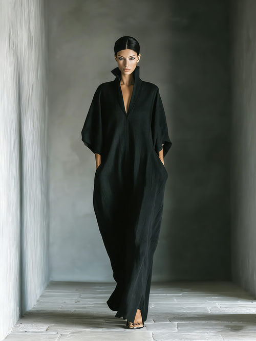 Eclipse Deep-V Kaftan Maxi Dress Black Oversized Cocoon Linen Dress