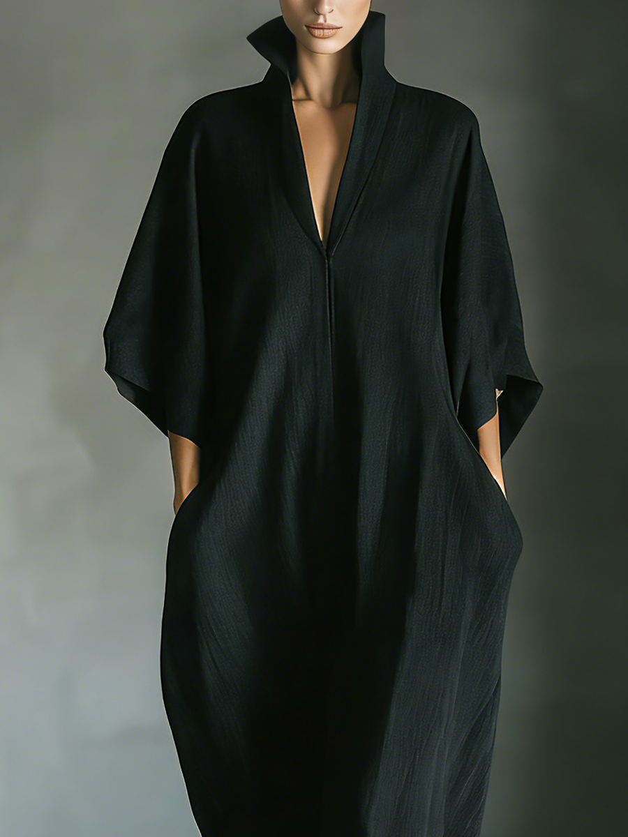 Eclipse Deep-V Kaftan Maxi Dress Black Oversized Cocoon Linen Dress
