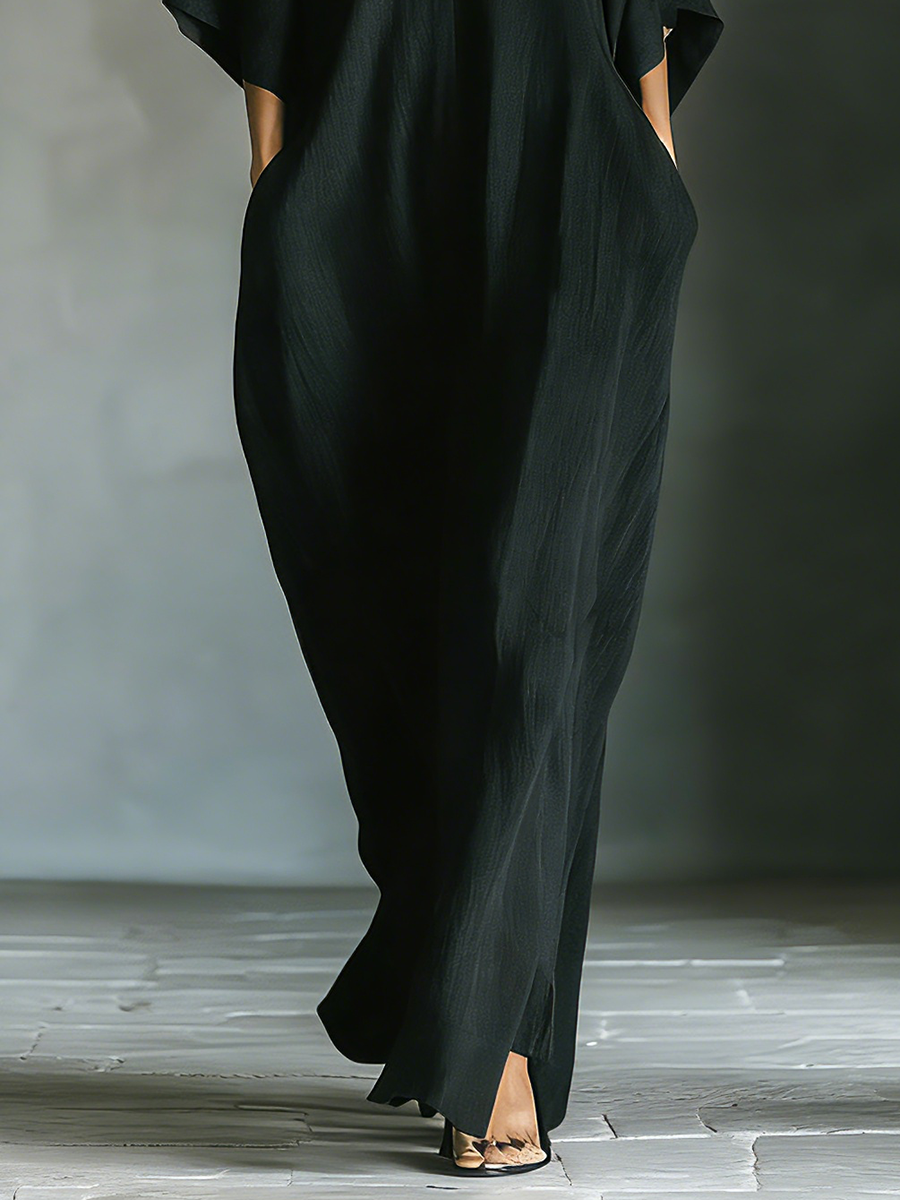 Eclipse Deep-V Kaftan Maxi Dress Black Oversized Cocoon Linen Dress