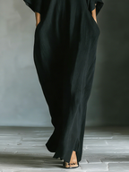 Eclipse Deep-V Kaftan Maxi Dress Black Oversized Cocoon Linen Dress