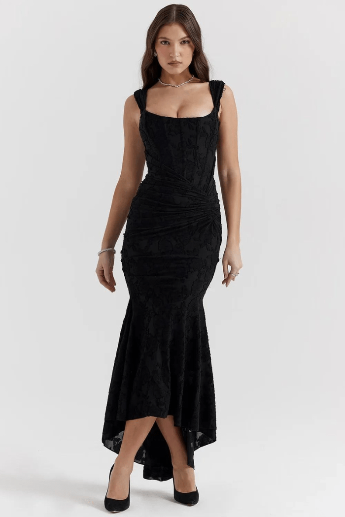 Women’s Elegant Vintage Georgette Maxi Dress – Timeless Bodycon Evening Gown