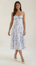 Blue Floral Midi Sundress, Sweetheart A Line Tea Dress