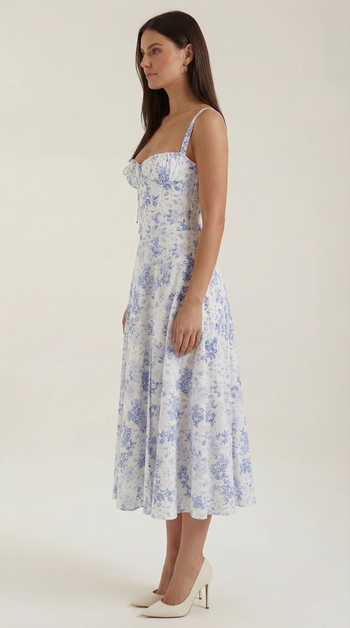 Blue Floral Midi Sundress, Sweetheart A Line Tea Dress