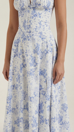 Blue Floral Midi Sundress, Sweetheart A Line Tea Dress