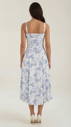 Blue Floral Midi Sundress, Sweetheart A Line Tea Dress