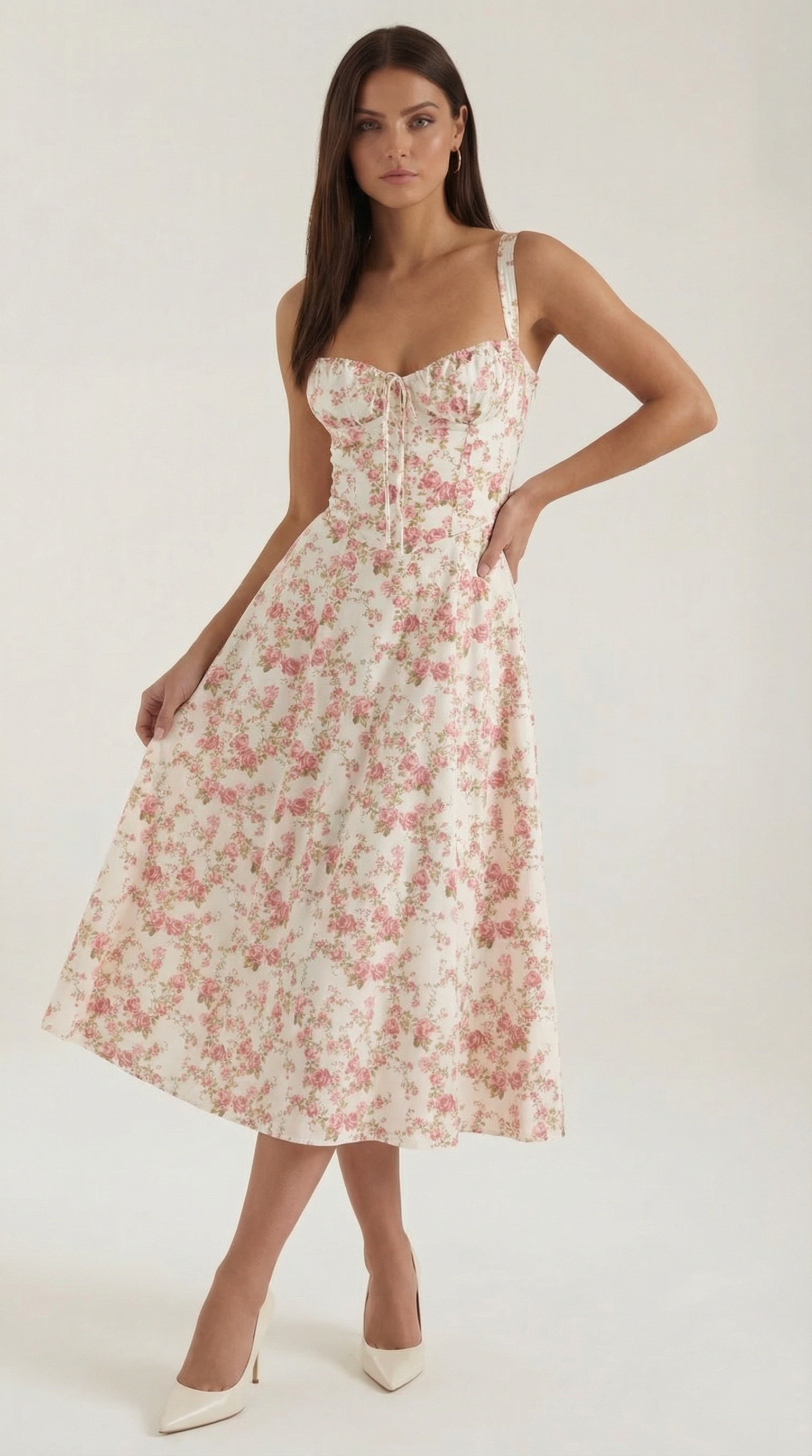 Rosa Mae Women’s Midi Sundress – Sweetheart Neckline Floral A-Line Tea-Length Dress, Cottagecore Elegant Summer Outfit