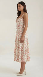 Blue Floral Midi Sundress, Sweetheart A Line Tea Dress