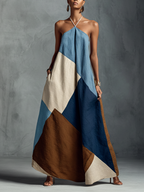 Horizon Halter Maxi Dress  Blue, Ivory & Cognac Linen Patchwork Dress