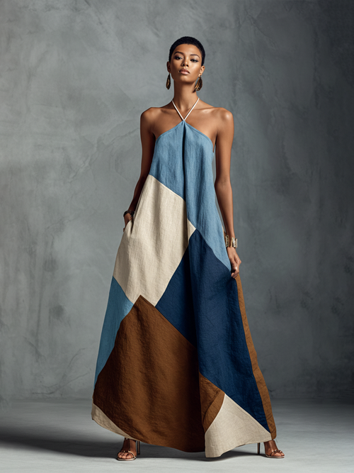 Colourblock Linen Halter Maxi Dress with Pockets