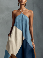 Horizon Halter Maxi Dress  Blue, Ivory & Cognac Linen Patchwork Dress