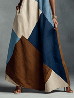 Horizon Halter Maxi Dress  Blue, Ivory & Cognac Linen Patchwork Dress