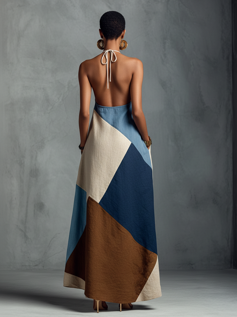 Women’s Boho Patchwork Halter Maxi Dress – Cotton Linen Sleeveless Resort Vacation Summer Dress