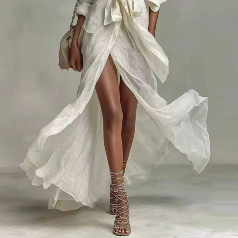 Women’s Boho Linen Maxi Dress – Wrap Shirt High Waist Split Hem Relaxed Summer Dress