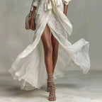 Women’s Boho Linen Maxi Dress – Wrap Shirt High Waist Split Hem Relaxed Summer Dress