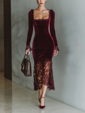 Women’s Burgundy Velvet Lace Maxi Dress – Sweetheart Neck Long Sleeve Elegant Evening Gown