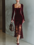 Women’s Burgundy Velvet Lace Maxi Dress – Sweetheart Neck Long Sleeve Elegant Evening Gown