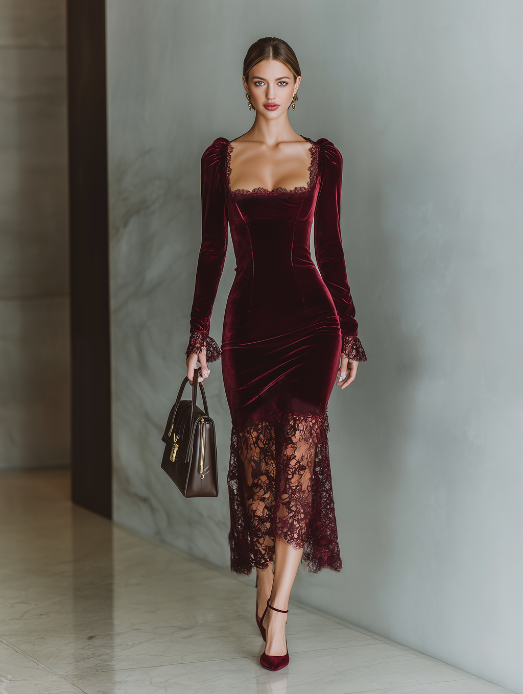Women’s Burgundy Velvet Lace Maxi Dress – Sweetheart Neck Long Sleeve Elegant Evening Gown