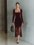 Women’s Burgundy Velvet Lace Maxi Dress – Sweetheart Neck Long Sleeve Elegant Evening Gown
