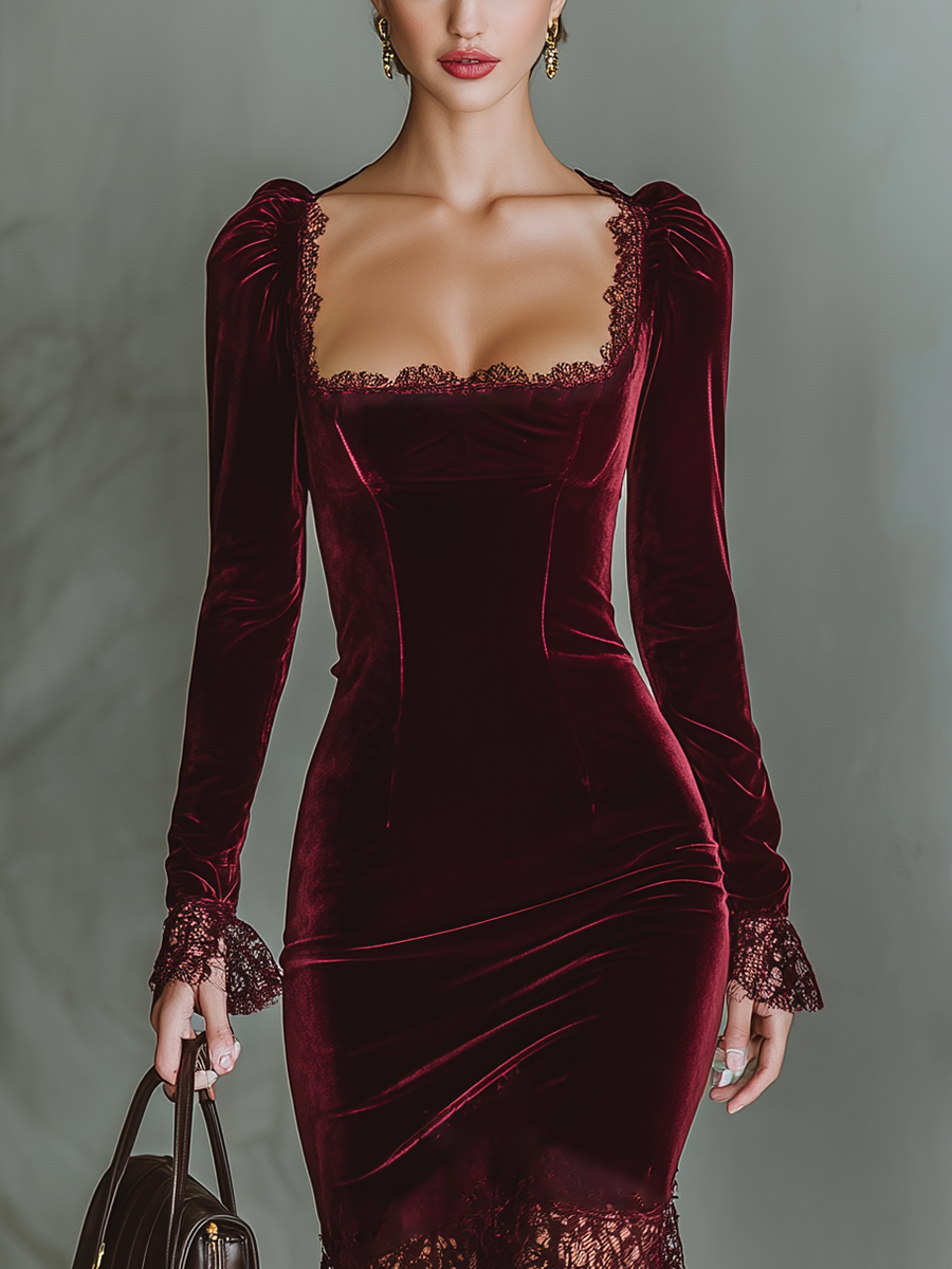 Women’s Burgundy Velvet Lace Maxi Dress – Sweetheart Neck Long Sleeve Elegant Evening Gown