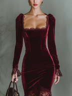 Women’s Burgundy Velvet Lace Maxi Dress – Sweetheart Neck Long Sleeve Elegant Evening Gown
