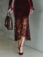 Women’s Burgundy Velvet Lace Maxi Dress – Sweetheart Neck Long Sleeve Elegant Evening Gown
