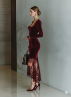 Women’s Burgundy Velvet Lace Maxi Dress – Sweetheart Neck Long Sleeve Elegant Evening Gown