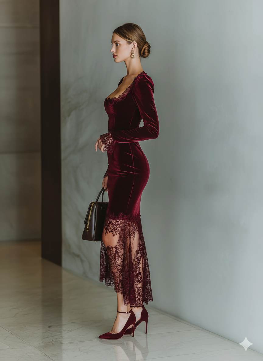 Women’s Burgundy Velvet Lace Maxi Dress – Sweetheart Neck Long Sleeve Elegant Evening Gown