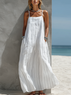 Women’s White Striped Sleeveless Maxi Dress – Loose Fit Lightweight Woven Summer Casual Dress