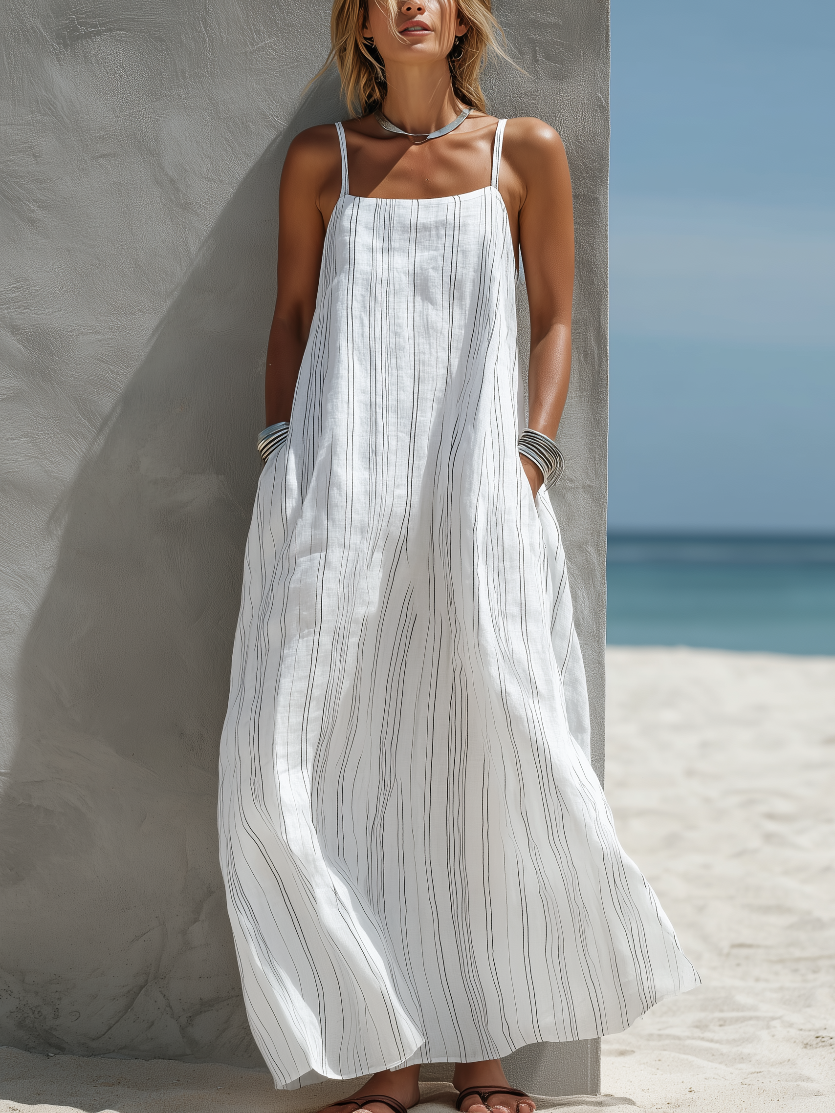 Women’s White Striped Sleeveless Long Dress – Lightweight Woven Summer Casual Maxi Dress