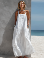 Women’s White Striped Sleeveless Maxi Dress – Loose Fit Lightweight Woven Summer Casual Dress