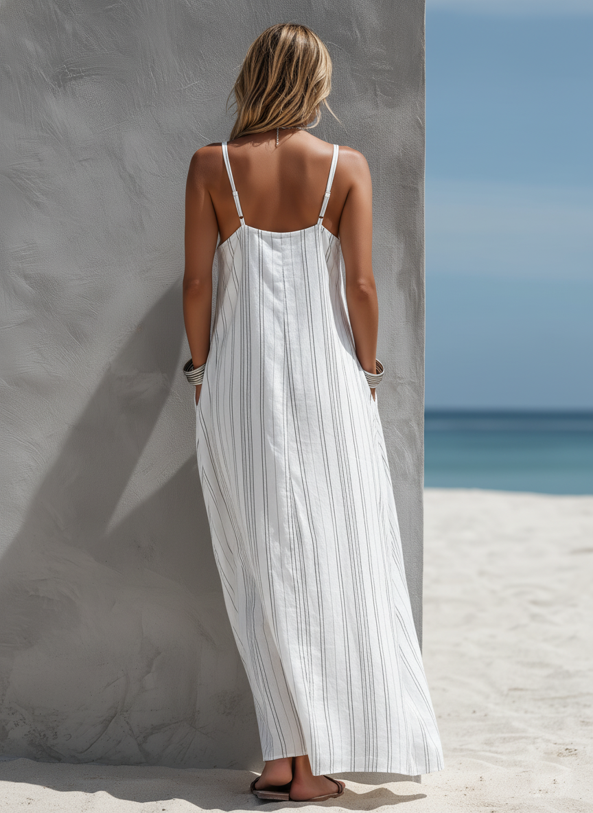 Women’s White Striped Sleeveless Maxi Dress – Loose Fit Lightweight Woven Summer Casual Dress