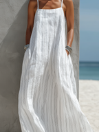 Women’s White Striped Sleeveless Maxi Dress – Loose Fit Lightweight Woven Summer Casual Dress