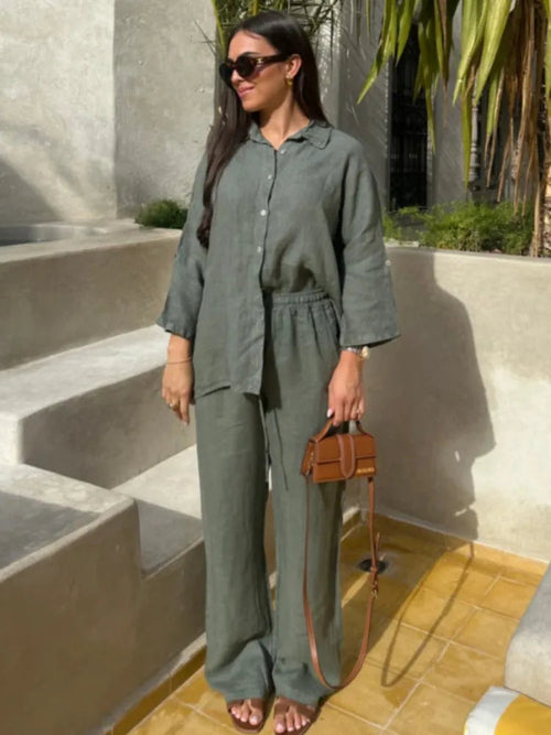 Cotton Linen Two Piece Set, Button Shirt & Loose Pants
