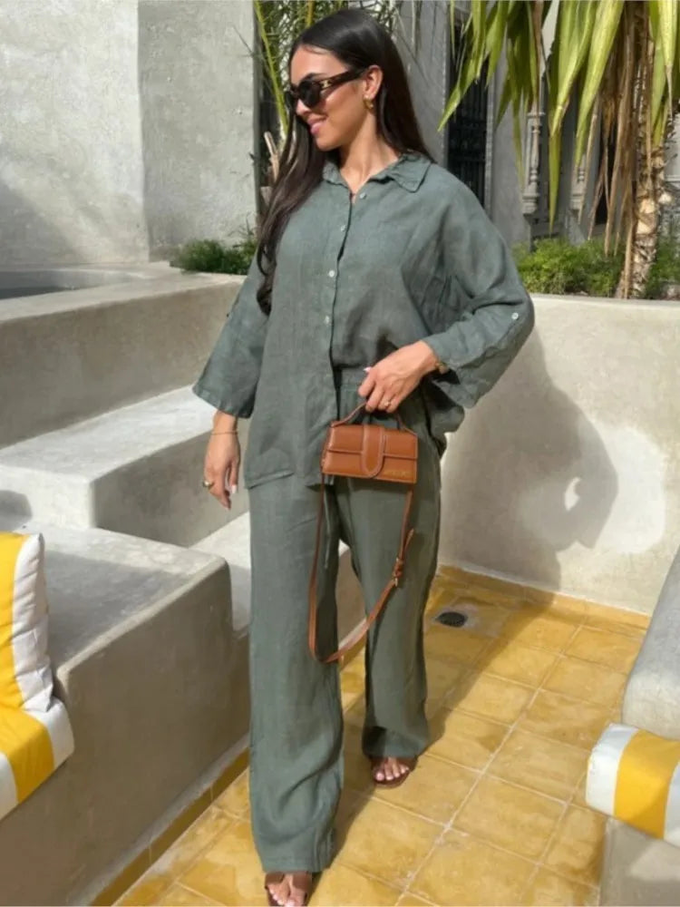 Cotton Linen Two Piece Set, Button Shirt & Loose Pants