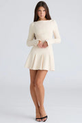 Cream Boat Neck Long Sleeve A Line Crepe Dress