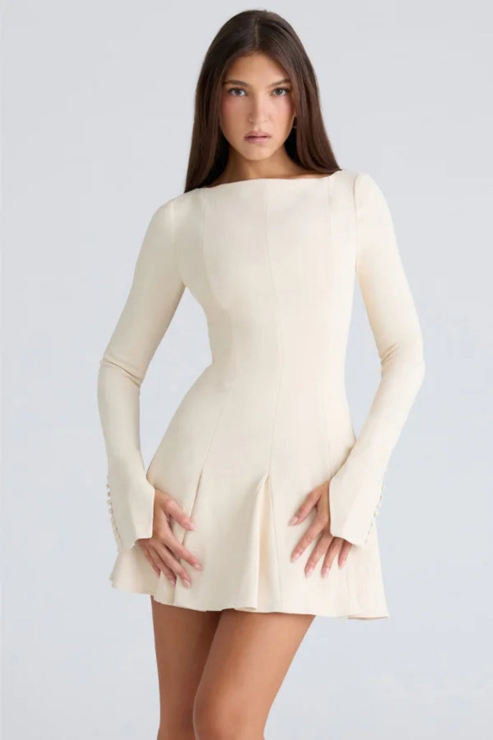 Cream Boat Neck Long Sleeve A Line Crepe Dress – Stermo