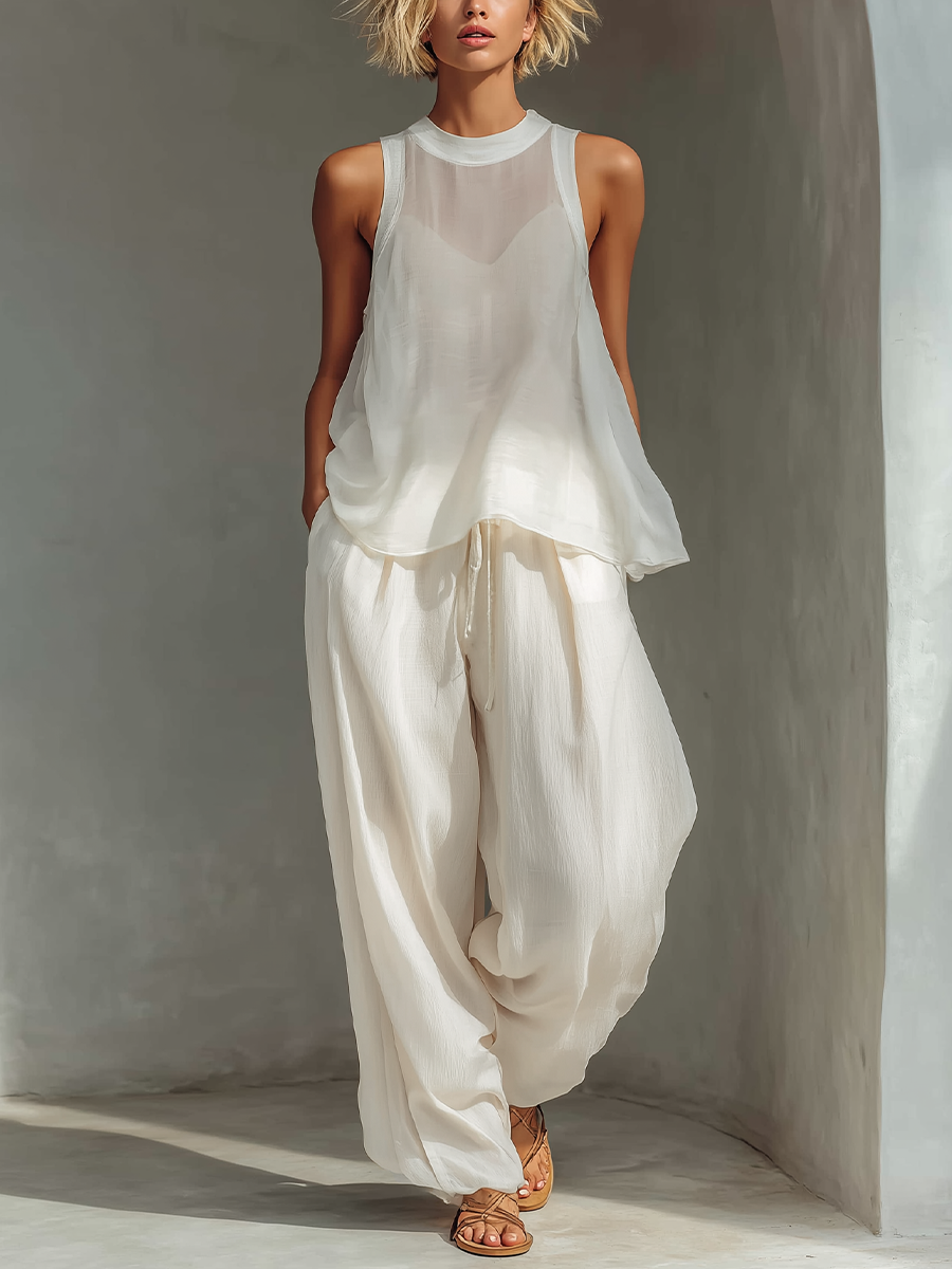 Solstice Sheer Tank & Harem Trouser Set  Ivory Linen Two-Piece Lounge set