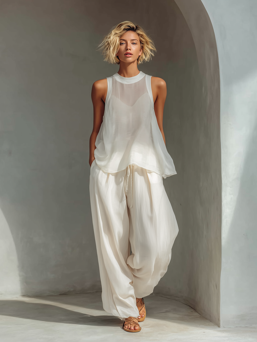 Solstice Sheer Tank & Harem Trouser Set  Ivory Linen Two-Piece Lounge set