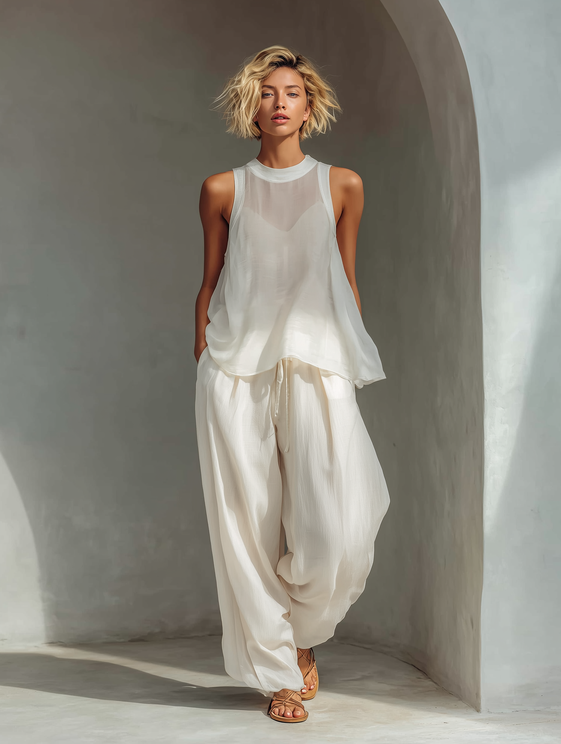 Solstice Sheer Tank & Harem Trouser Set  Ivory Linen Two-Piece Lounge set